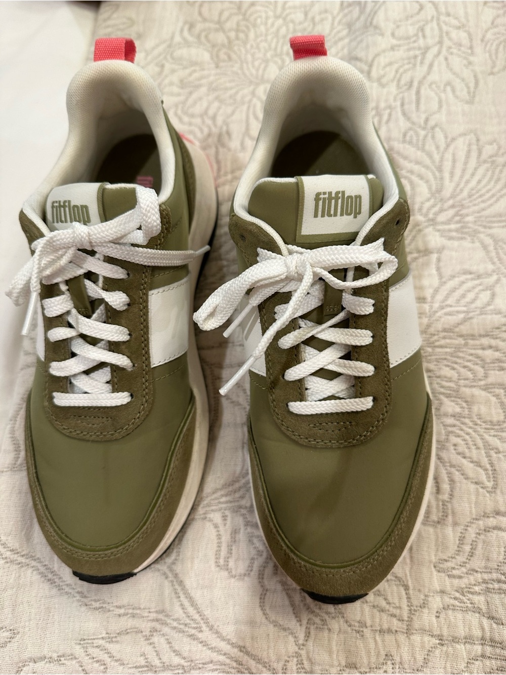 Fitflop Olive Green and White Women's Sneakers with Pink Heel Tabs